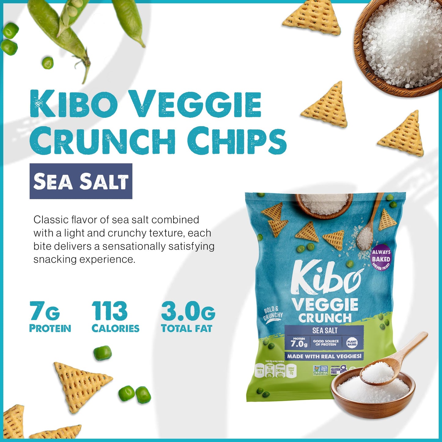 Kibo Veggie Chips Sea Salt, Plant-Based Protein, Gluten-Free, Non-Gmo, Vegan-Friendly, 3D Triangles, Crunchy, Made With Real Veg