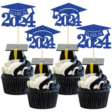 Gyufise 24Pcs 2024 Graduation Cap Cupcake Toppers 2024 Glitter Class Of 2024 Grad Cap Cupake Picks For 2024 Graduation Theme Par