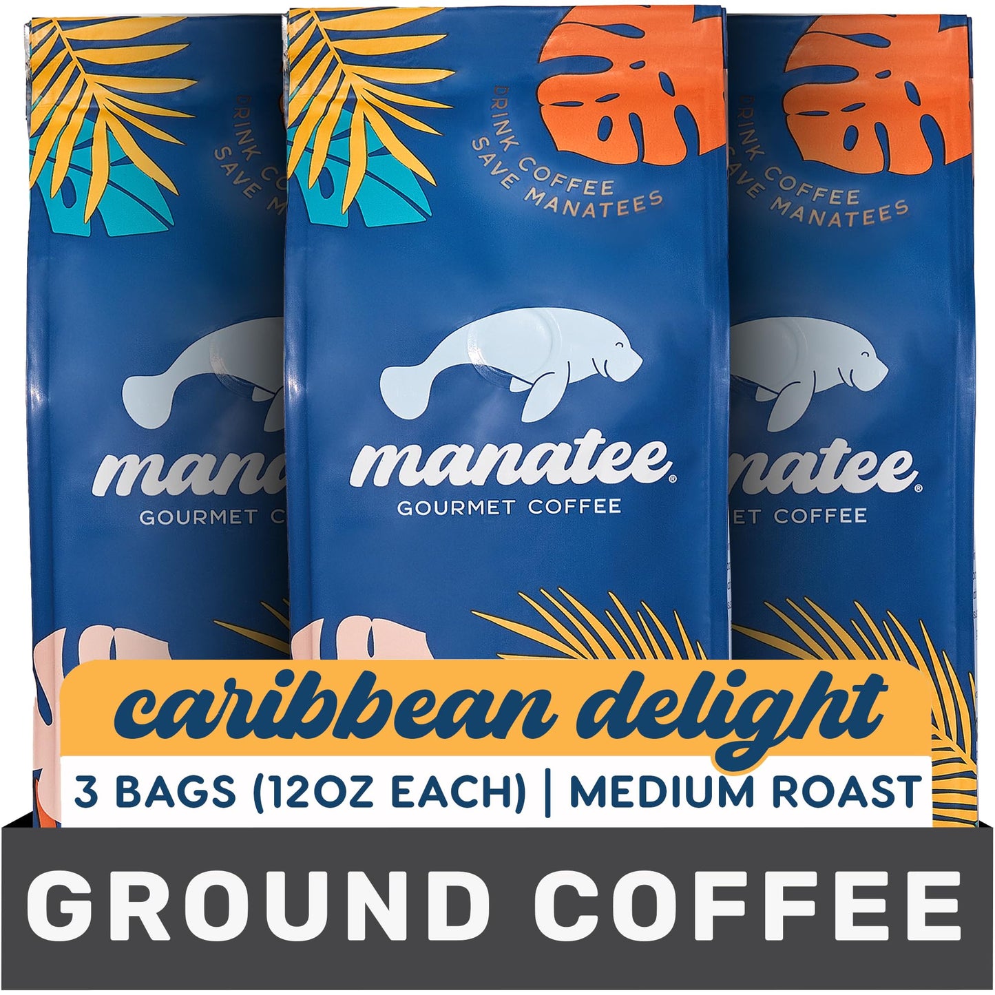 Manatee Gourmet Coffee Ground Medium Roast Caribbean Delight 12 oz Bags Pack of 3
