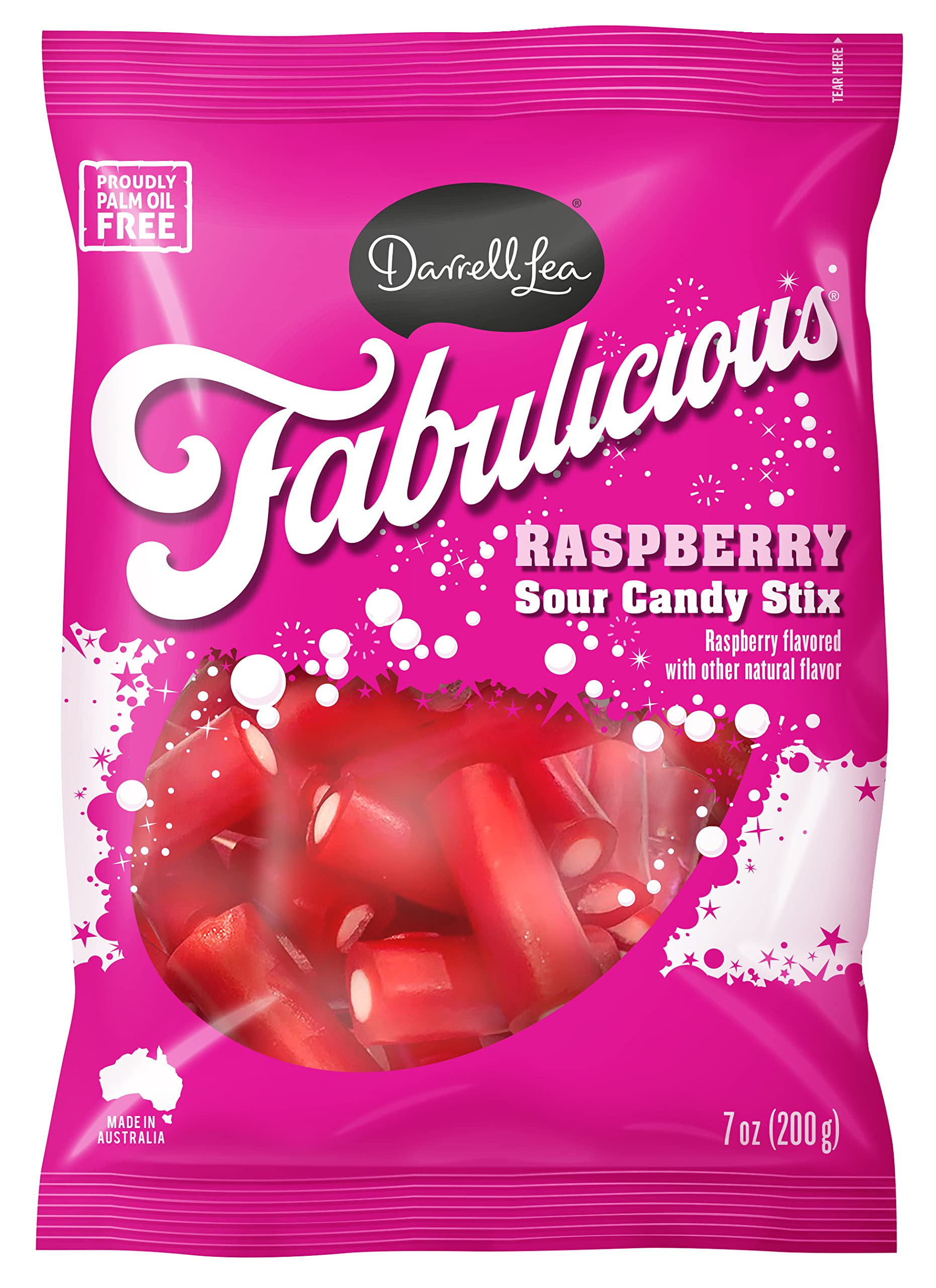 Darrell Lea Fabulicious Raspberry Sour Candy Stix, 7 Ounce (Pack Of 8) | Soft And Tangy, No Artificial Flavors, Palm Oil Free, M