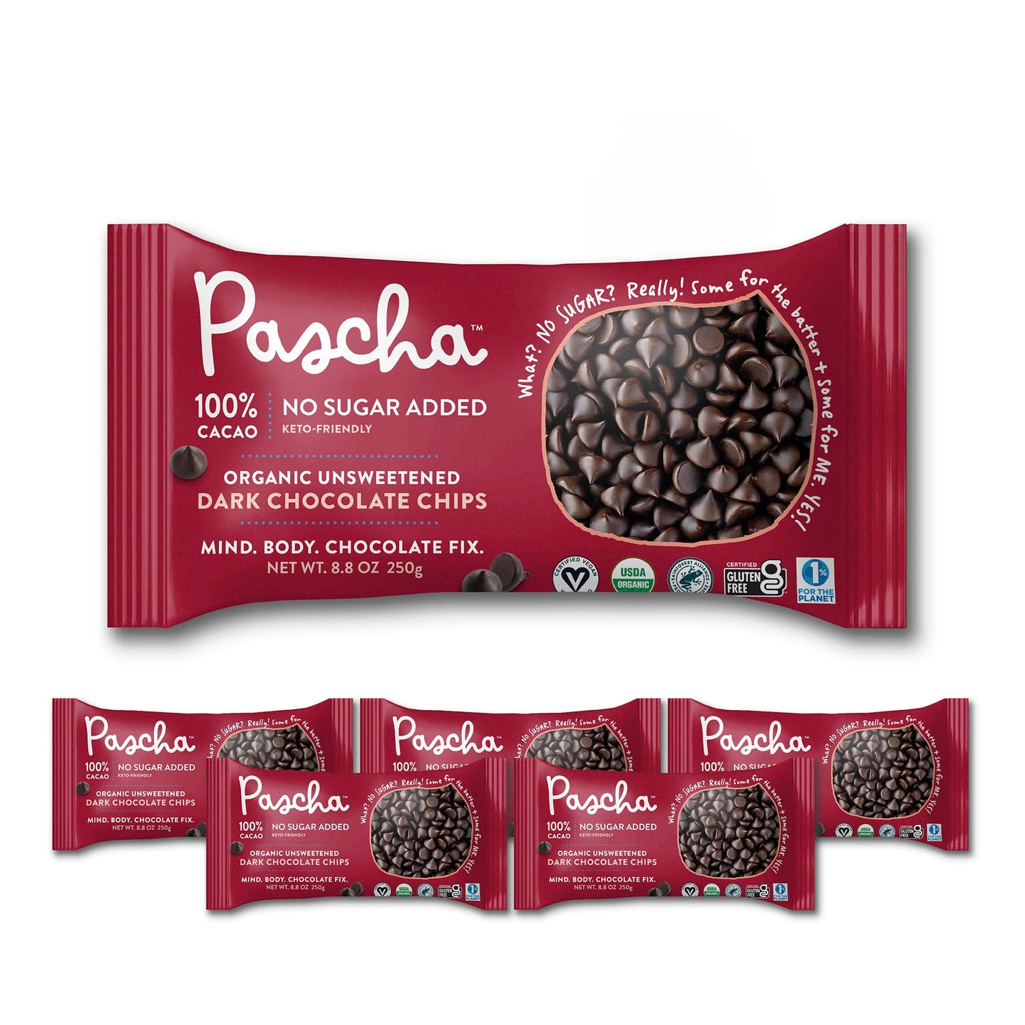 Pascha Organic 100% Cacao Baking Chips, Unsweetened Dark Chocolate, Sugar-Free, Keto, Vegan, 8.8 Ounce (Pack of 6)
