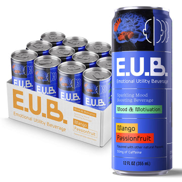 E.U.B. Mango Passionfruit Sparkling Functional Beverage  12oz Can  50mg Caffeine  25 Calories  with Nootropics & Adaptogens for Mood & Energy Support