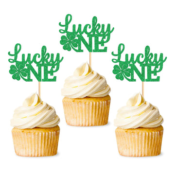 Ercadio 24 Pack St Patrick's Day Lucky One Cupcake Toppers Four Leaf Lucky One Cupcake Toppers St. Patrick 1st Cupcake Picks for