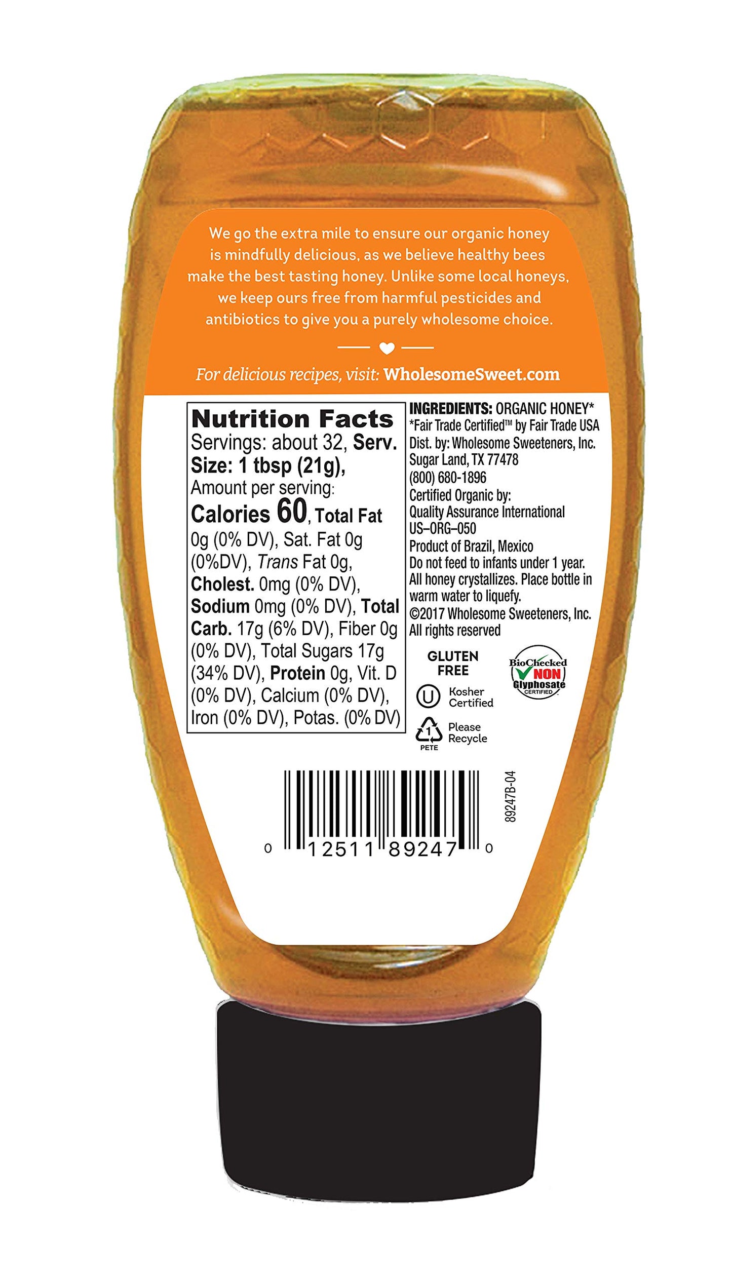 Wholesome Sweeteners Fair Trade Organic Honey, Amber, 24 Fluid Ounce