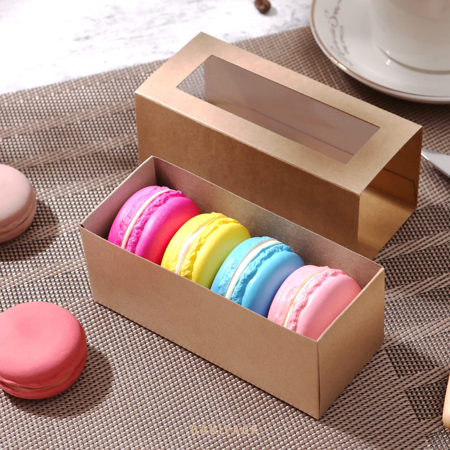 Bakipack 30 Macaron Boxes For 4 Or 5 Macarons Kraft Macaron Gift Boxes, Candy Gift Boxes, Macarons Box With Clear Window (Interi