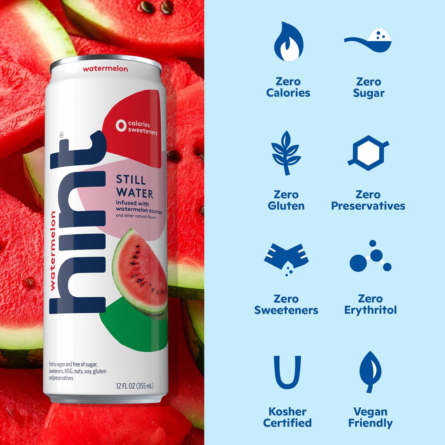 Hint Watermelon Canned Flavored Water, Pure Still Water Infused With Watermelon Essence, 12 Oz Slim Cans, Zero Sugar, Calories,