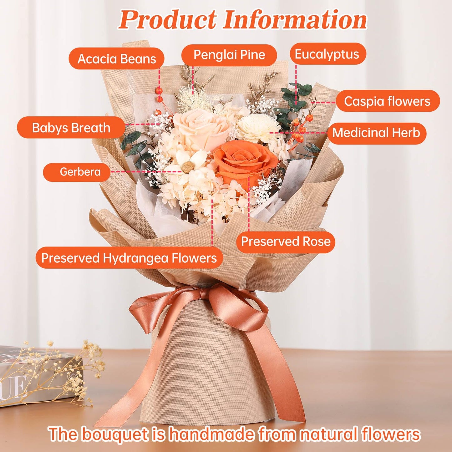 Jtoder Preserved Flower Bouquet, Long Lasting Pink Roses, Model JTO-994