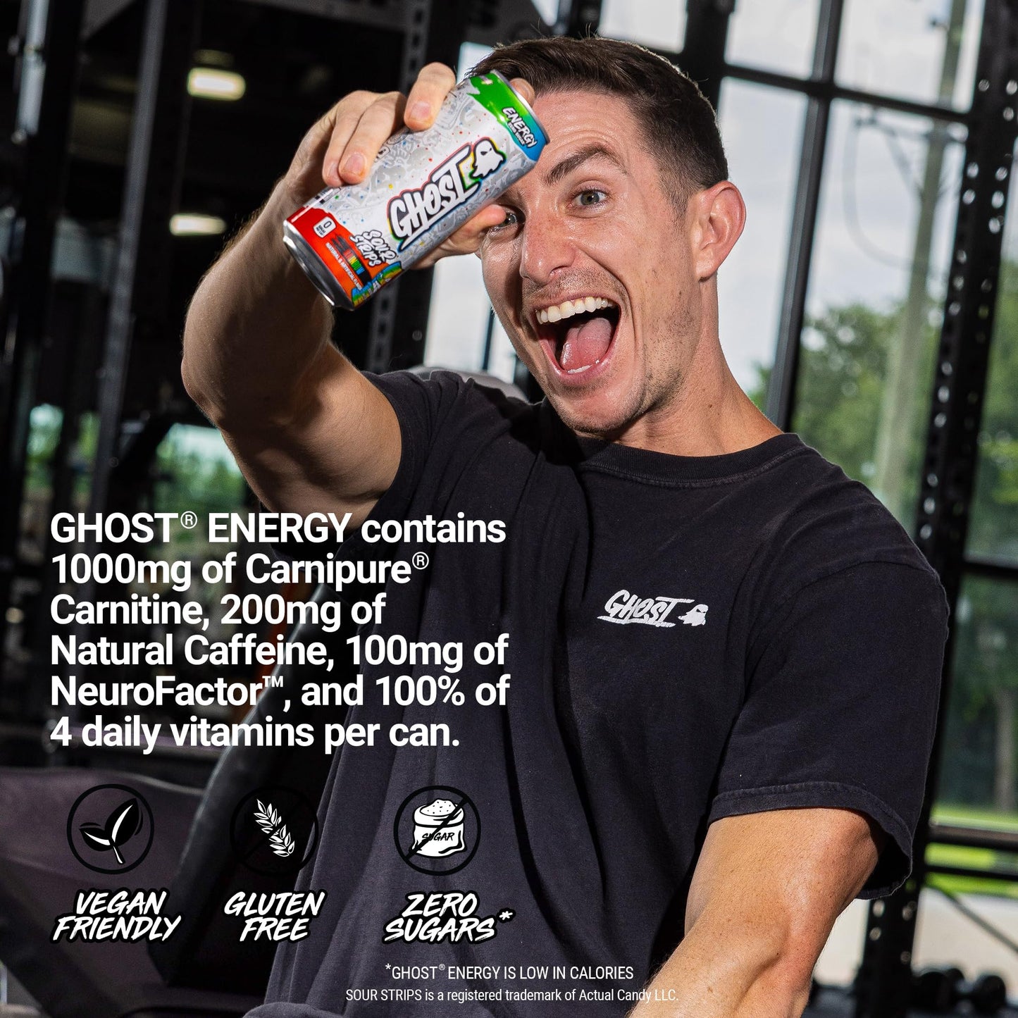 GHOST Energy Drink - 12-Pack  Sour Strips Rainbow  16oz Cans - Energy & Focus & No Artificial Colors - 200mg of Natural Caffeine  L-Carnitine & Taurine - Gluten-Free & Vegan