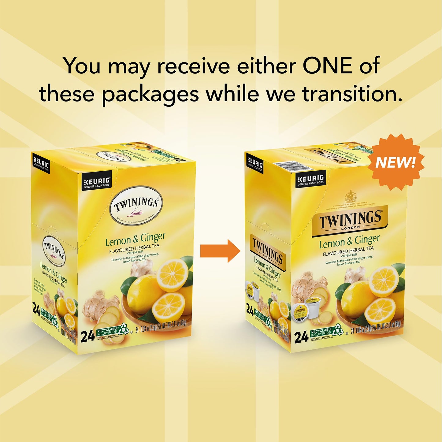 Twinings Lemon & Ginger Herbal Tea K-Cup Pods For Keurig, 24 Count (Pack Of 4), Naturally Caffeine-Free, Enjoy Hot Or Iced