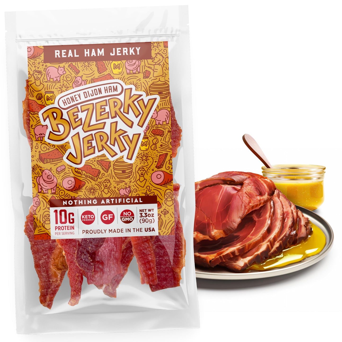 Bezerky Jerky Premium Ham Jerky, Honey Dijon, Gluten-Free, Non-GMO, Low Fat, 3.3 Ounce