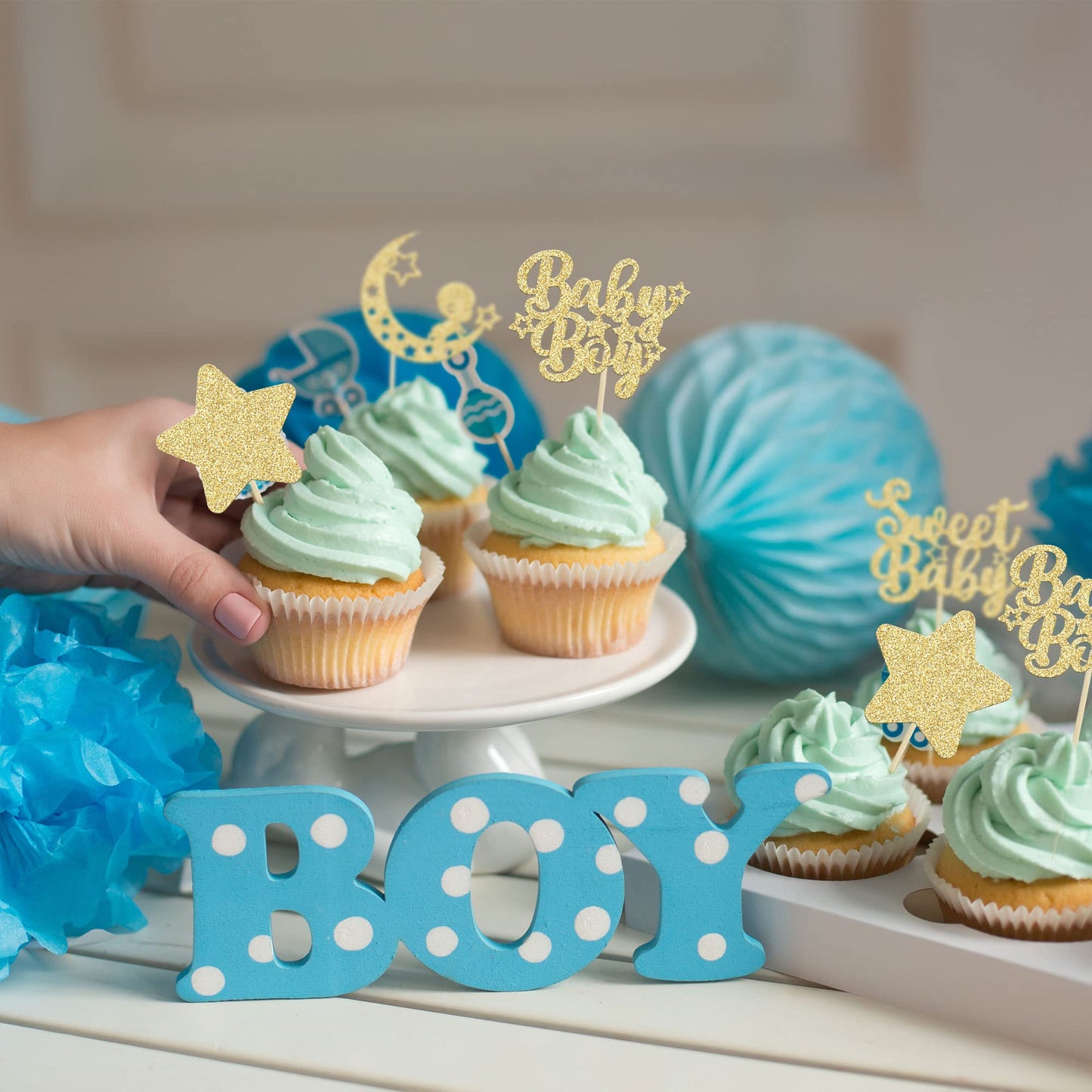Gyufise 24Pcs Gold Baby Shower Boy Cupcake Toppers Glitter Star Moon Sweet Baby Cake Decorations Baby Boy Cupcake Picks For Baby