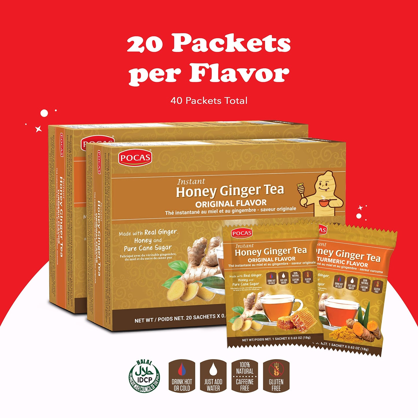 Pocas Honey Ginger Instant Tea Powder, Original & Turmeric, 40 Piece Assortment, Caffeine-Free, 20 Packets per Box