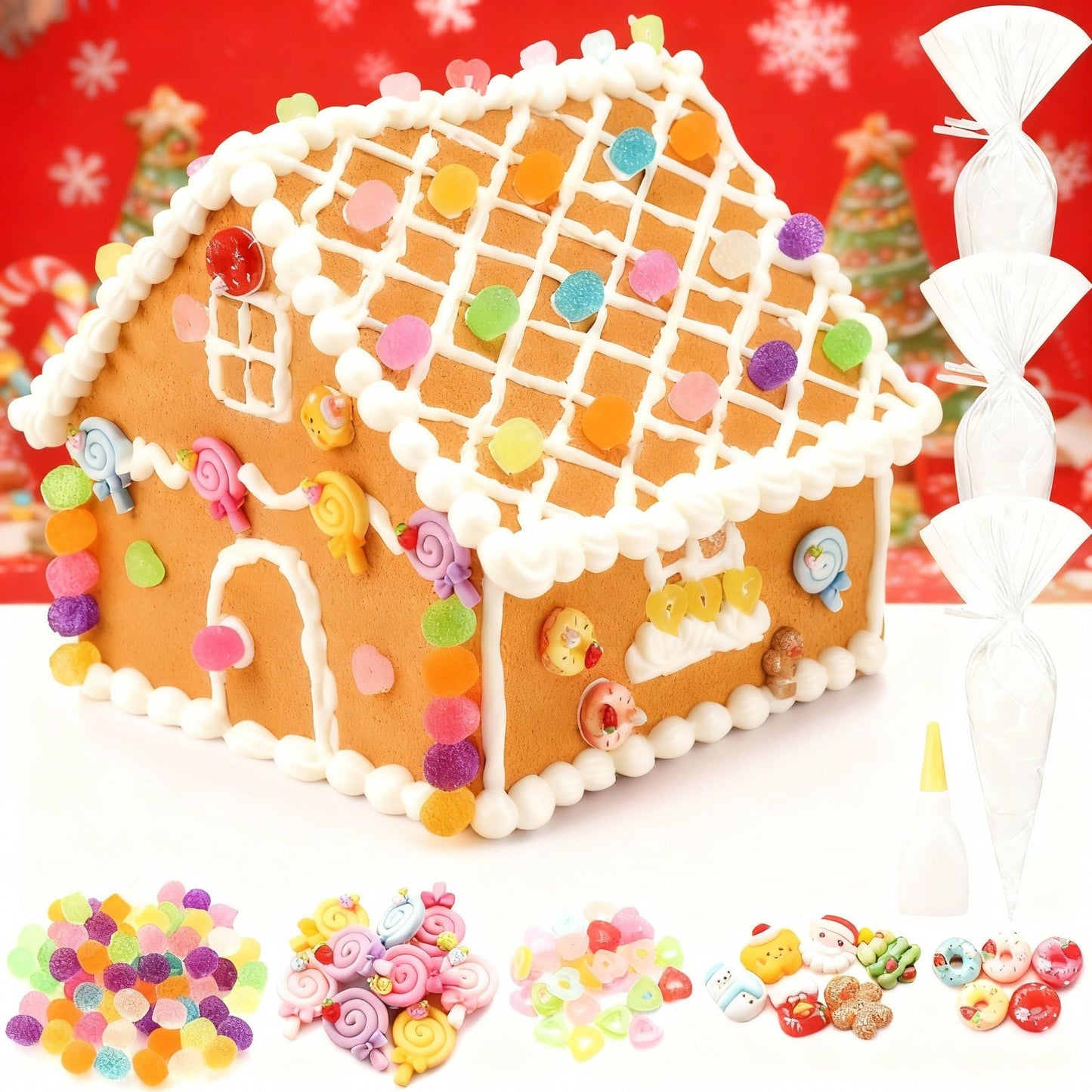 Weysat Large Gingerbread House Kit: 131 Pcs Holiday Cookie Decorating Kit - 8 Inch Easy To Assemble Christmas Gingerbread House Craft Creative Build & Gift For Xmas Diy Fun Party Favor Decor