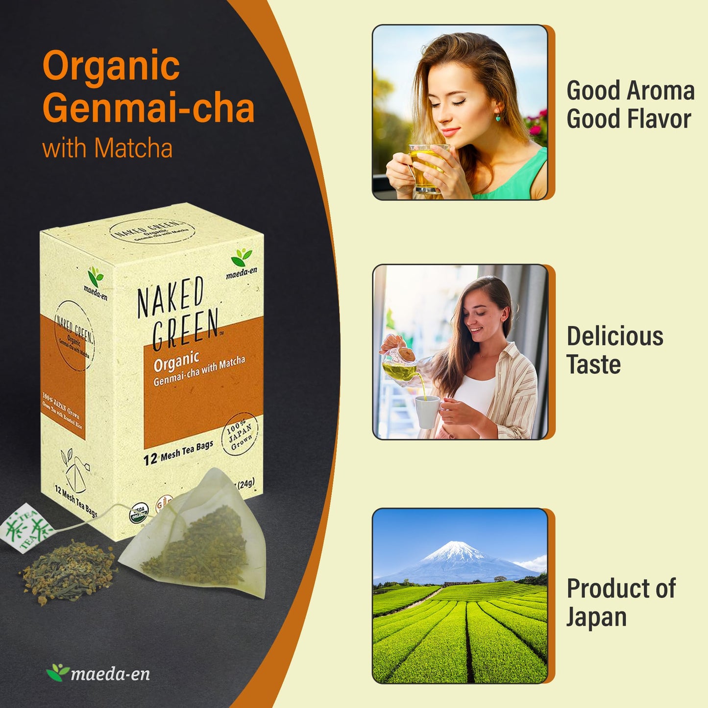 Maeda-En Naked Green Organic Genmai-Cha With Matcha 12 Tea Bags Hot Or Cold Drink Green Tea Japanese Origin Individually Wrapped