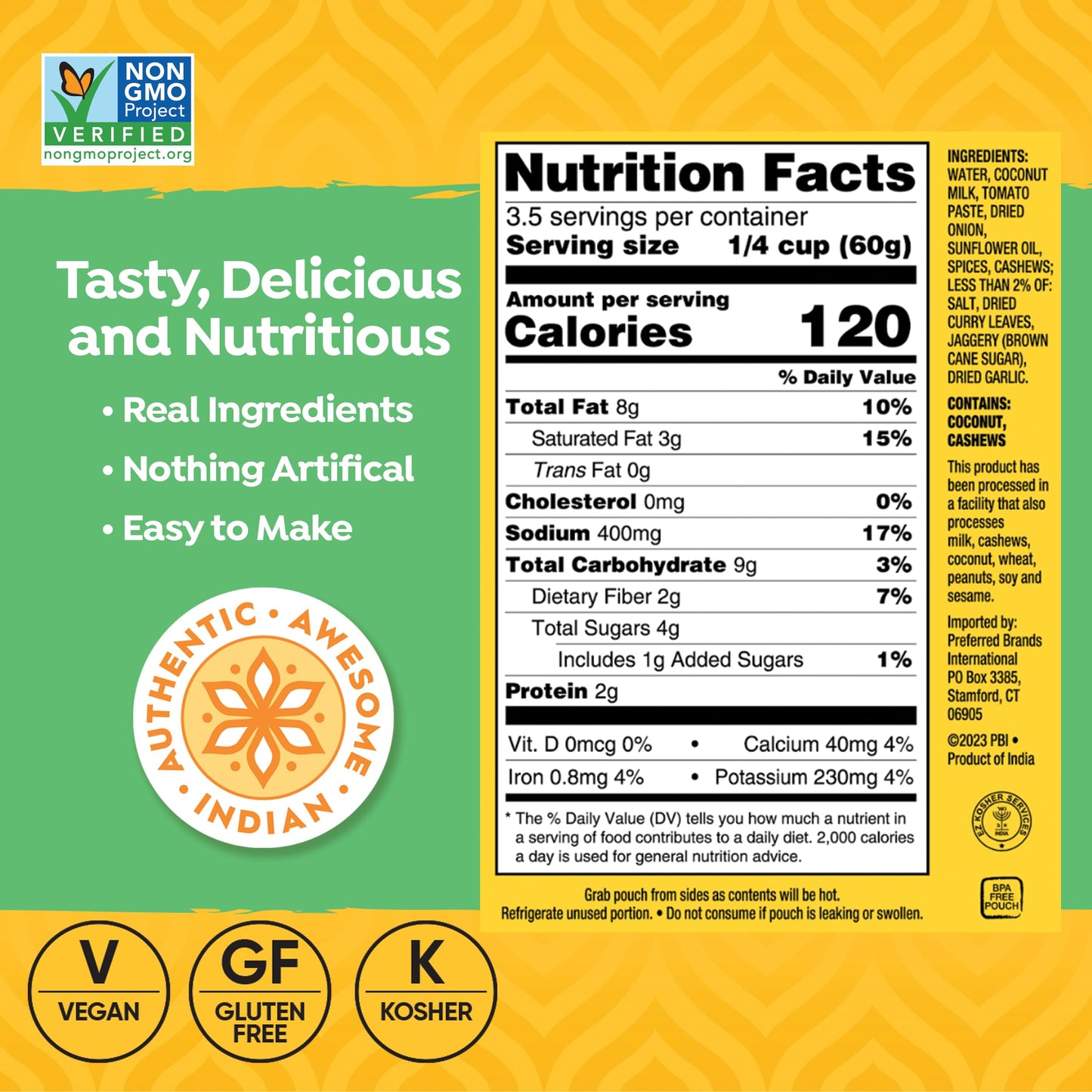 Tasty Bite Chennai South Indian Curry Simmer Sauce, 7-Ounce 5-Pack, 3-4 Servings Per Pouch, Vegan, Kosher, All Natural