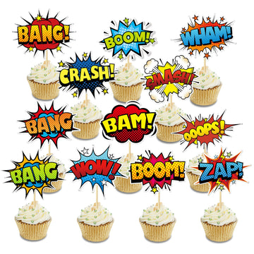 Superhero Boom Cupcake Toppers 48 Pack Happy Birthday Cake Decor For Kids Hero Theme Birthday Party Supplies Celebrating Party E