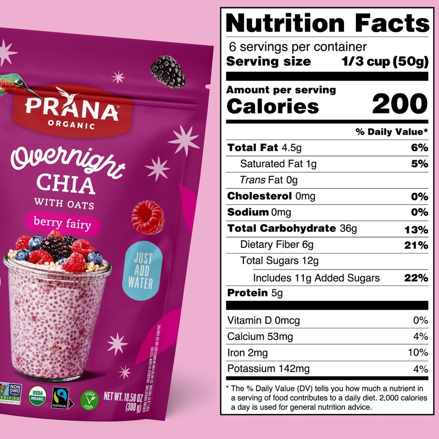 Prana Organic Overnight Chia with Oats Berry Fairy | Rich in Fiber & Protein, Vegan, Non-GMO | Ready to Eat Breakfast - 10.58 oz