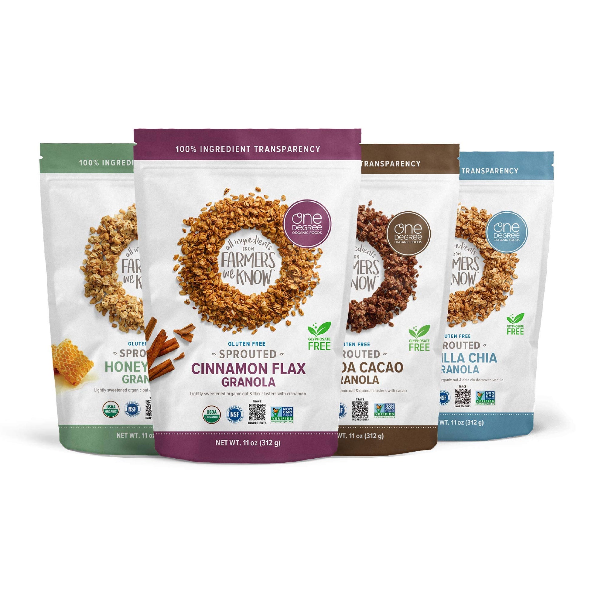 One Degree Organic Foods Gluten Free Granola Variety Pack - Cinnamon Flax, Vanilla Chia, Quinoa Cacao, And Honey Hemp - Usda Organic (4 Pack)