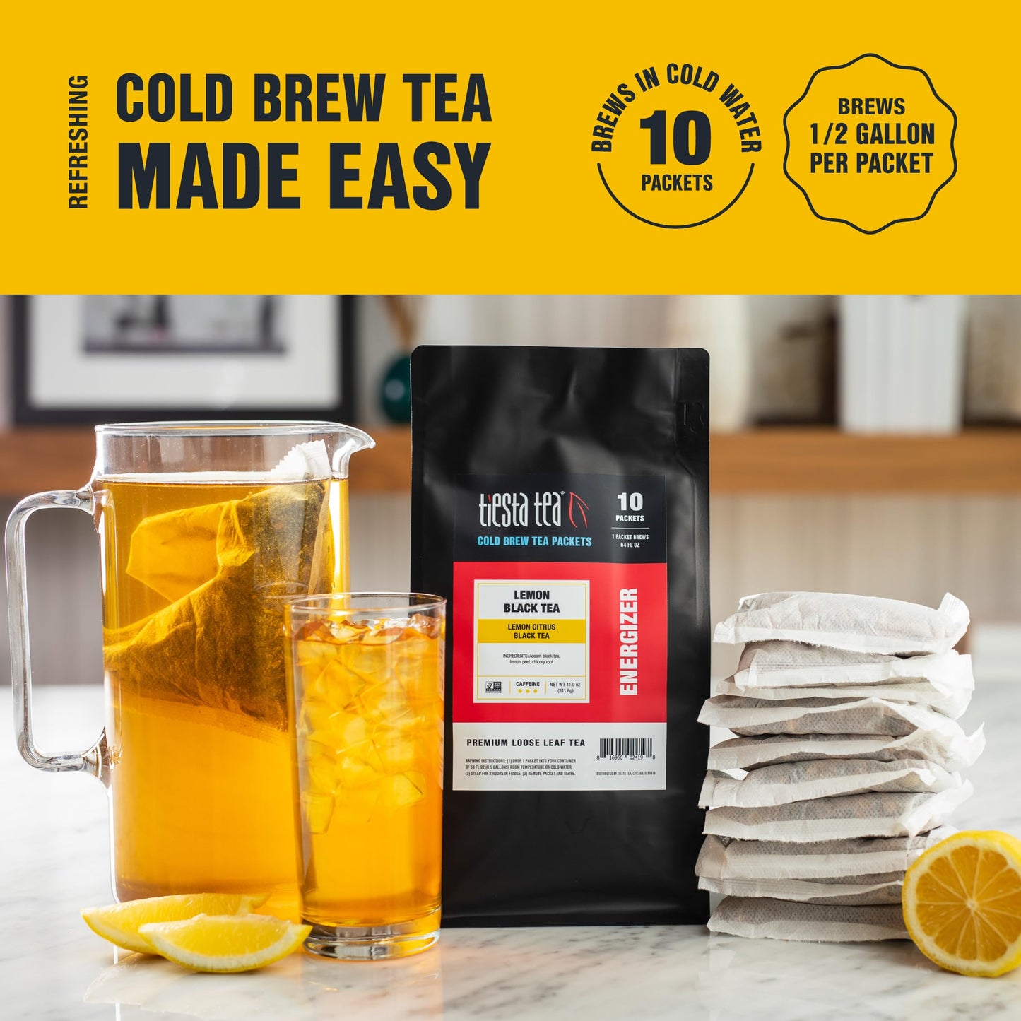 Tiesta Tea - Lemon Black Cold Brew | Loose Leaf | Lemon Citrus Black Tea | Premium High Caffeinated Blend | Cold Brew Packets | Makes 64 Oz Of Pitcher Per Bag (Pack Of 10)