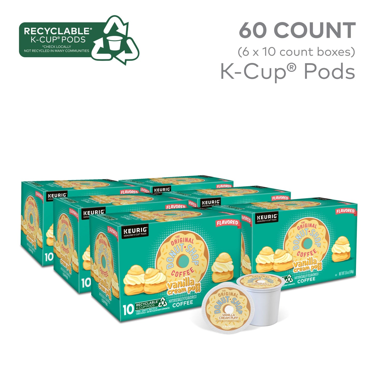 The Original Donut Shop Vanilla Cream Puff Coffee, Keurig Single Serve K-Cup Pods, Medium Roast Coffee, 60 Count, (6 Packs Of 10)