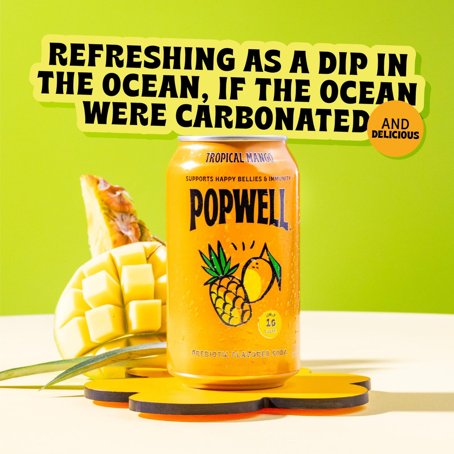 Popwell Prebiotic Soda, Tropical Mango Flavor, 6g Fiber, 1g Sugar, 12 Fl Oz Cans, Pack of 12