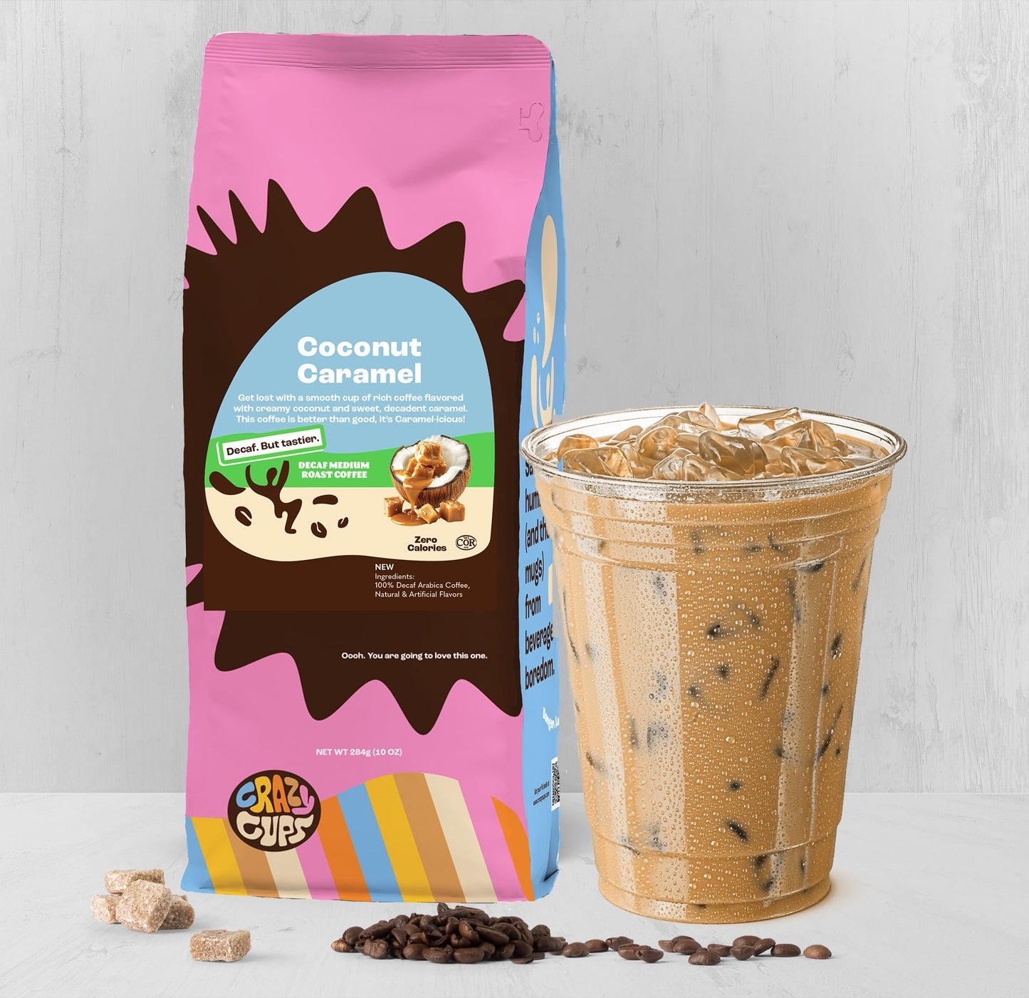 Crazy Cups Decaf Flavored Ground Coffee, Decaffeinated Coconut Caramel Coffee, For Brewing Flavored Hot Or Iced Decaf Caramel Co