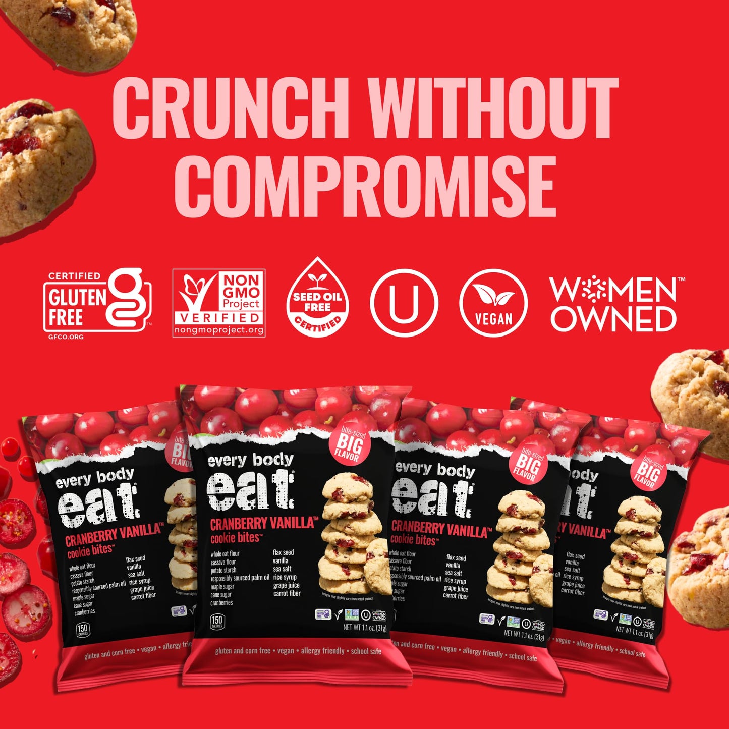 Every Body Eat Crunchy Cookie Bites, Gluten & Dairy Free, Vegan, School Safe Lunch Snacks, Single Serve (Pack Of 20) (Cranberry
