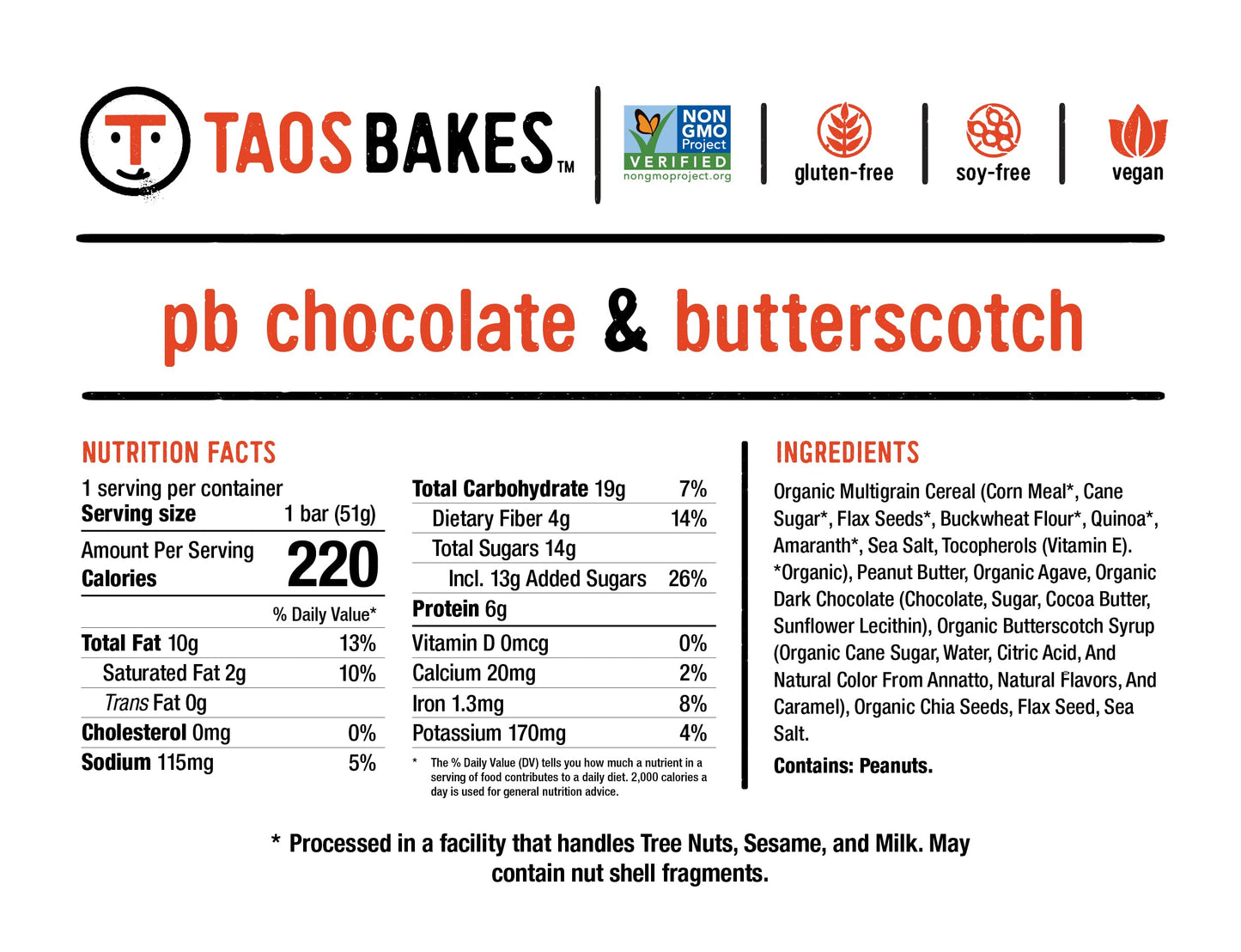 Taos Bakes - Peanut Butter Chocolate + Butterscotch - Snack Bars - 6G Protein, Gluten Free, Plant Based, & Vegan Granola Bars - Filled W/Flax Seeds, Chia Seeds, & Peanut Butter - 12 Pack, 1.8Oz Ea