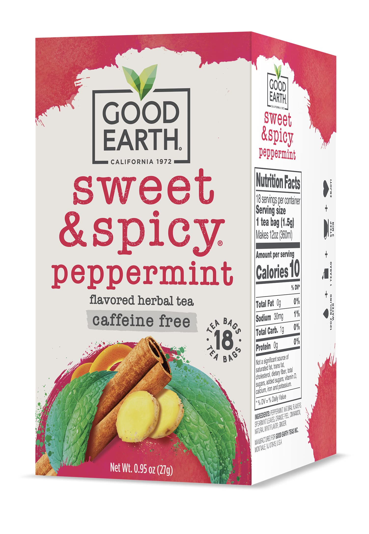 Good Earth Peppermint Herbal Tea, Caffeine Free, 18 Count (Pack of 6), Black