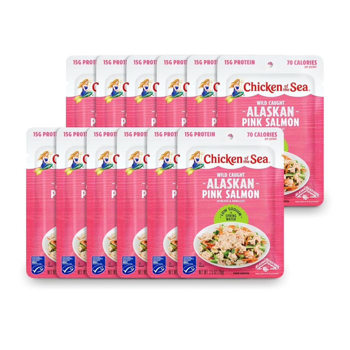 Chicken of the Sea Alaskan Pink Salmon, 2.5 oz. Packets (Box of 12), Wild Caught Salmon, Skinless & Boneless, Low Sodium