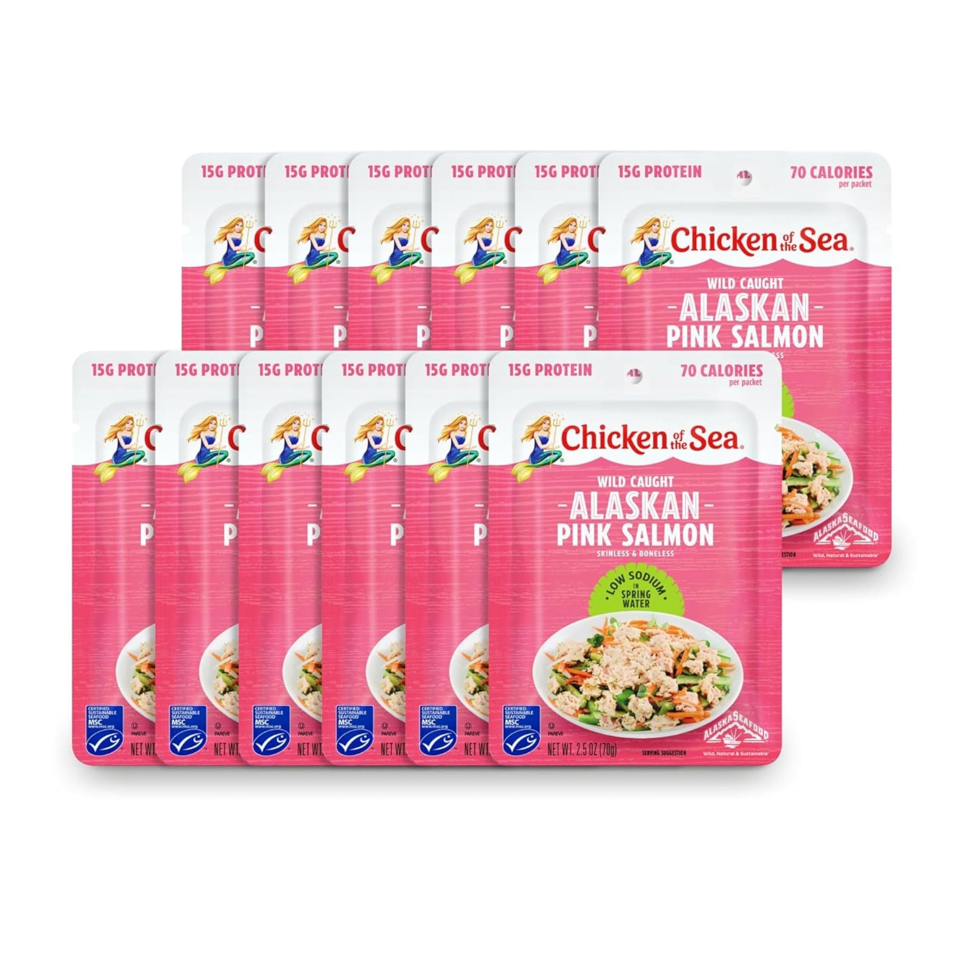 Chicken of the Sea Alaskan Pink Salmon, 2.5 oz. Packets (Box of 12), Wild Caught Salmon, Skinless & Boneless, Low Sodium