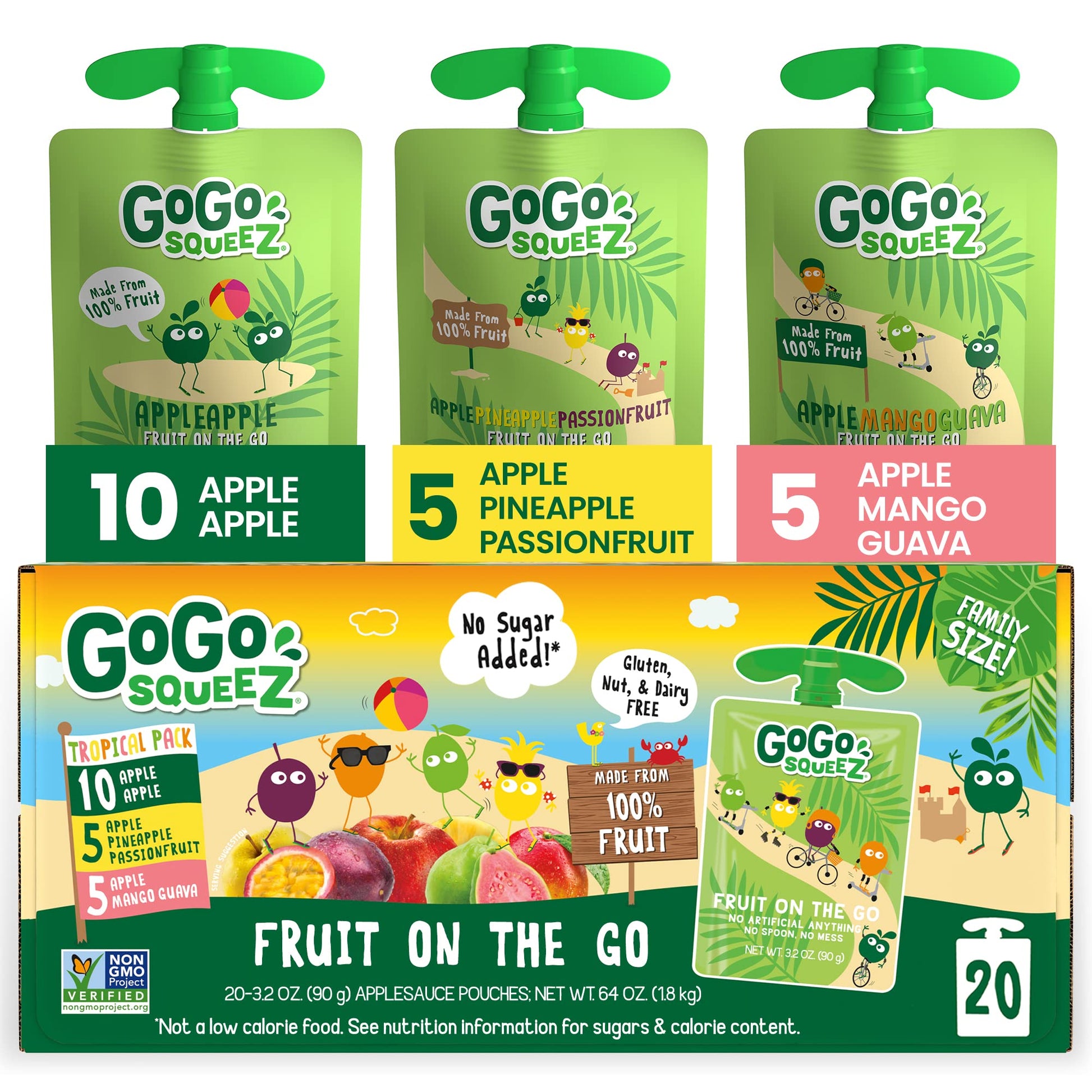 GoGo SqueeZ Applesauce Fruit Puree Variety Pack, 3.2 oz (Pack of 20), Unsweetened, Tropical