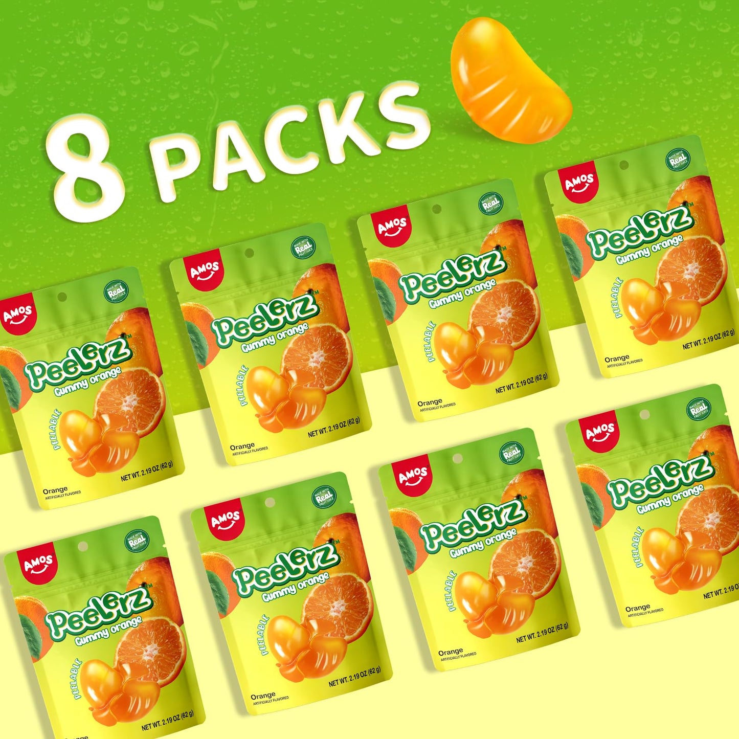 Amos 4D Gummy Peelable Orange Candy, Peelerz Gummy Orange, Fruit Snacks Fat Free, Resealable 2.19Oz Bag (Pack Of 8)