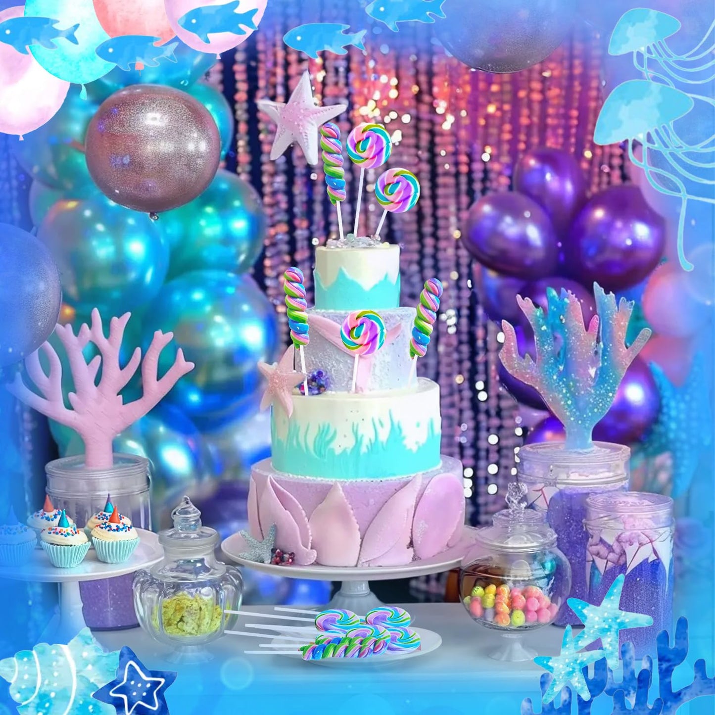 EORA Rainbow Twisty & Swirl Lollipops 32pk - Blueberry, Individually Wrapped Mermaid Party Supplies