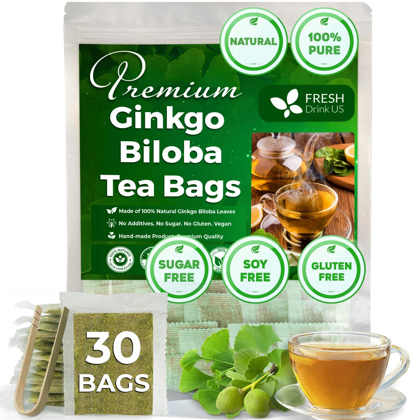FRESHDRINKUS Ginkgo Biloba Leaf Tea Bags, 100% Natural Herbal Tea, 30 Bags