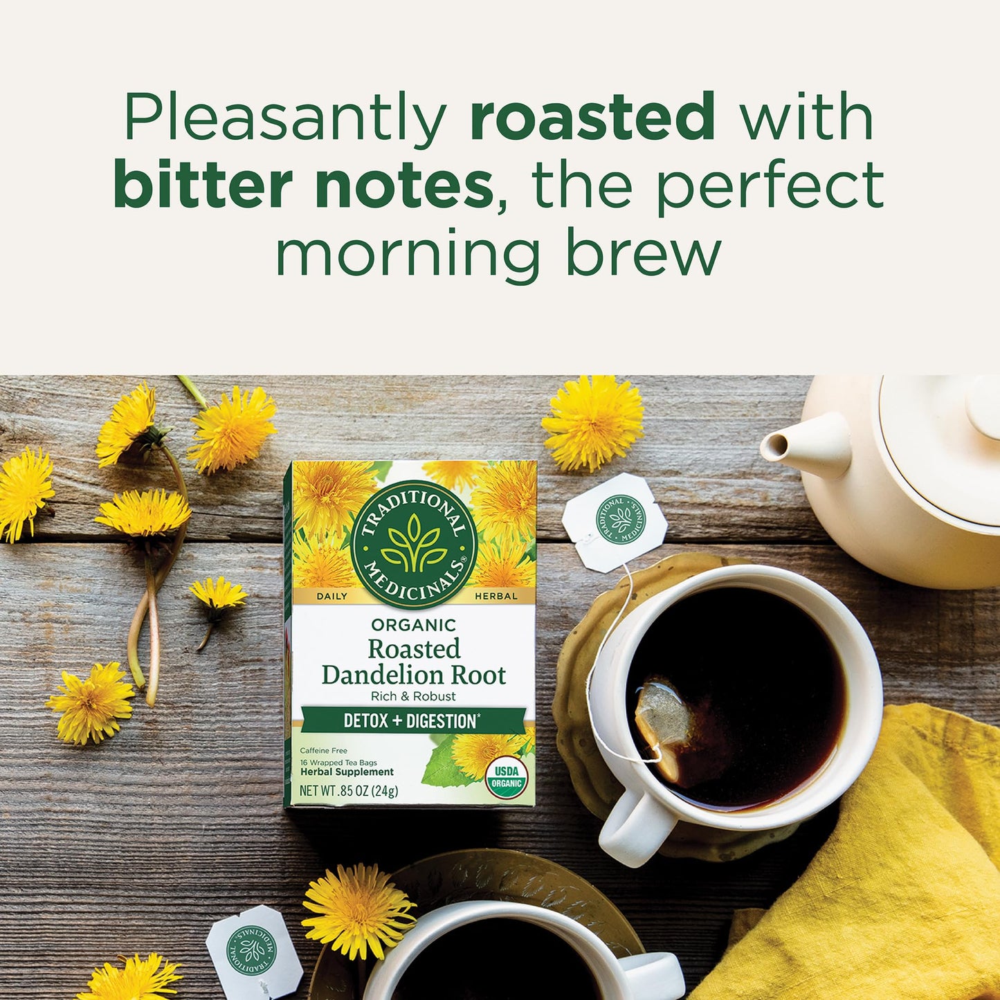 Traditional Medicinals Organic Roasted Dandelion Root Tea, 96 Bags, Supports Kidney Function & Healthy Digestion, Pack of 6