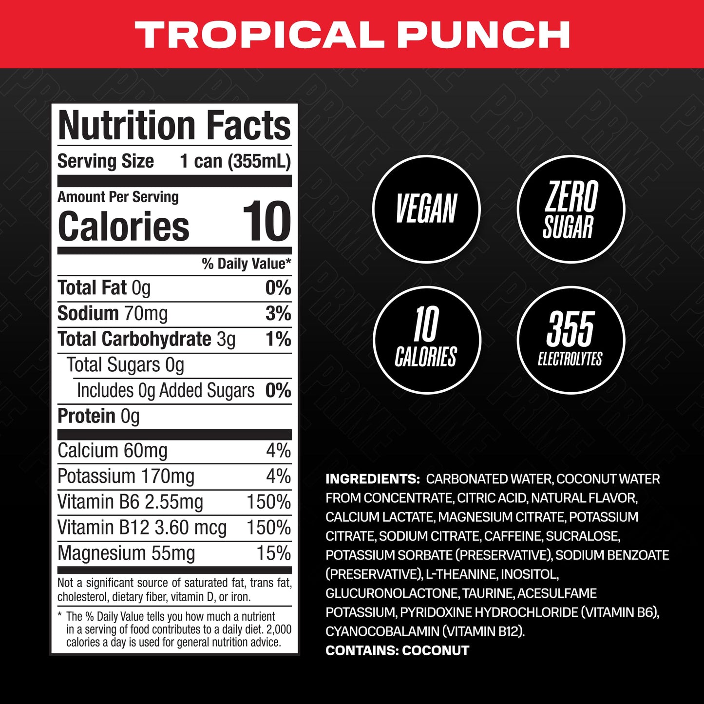 PRIME HYDRATION Energy Drink - Tropical Punch, Vegan, Gluten Free, 12 Fl Oz, 24 Pack, Model DP-ED24TRP