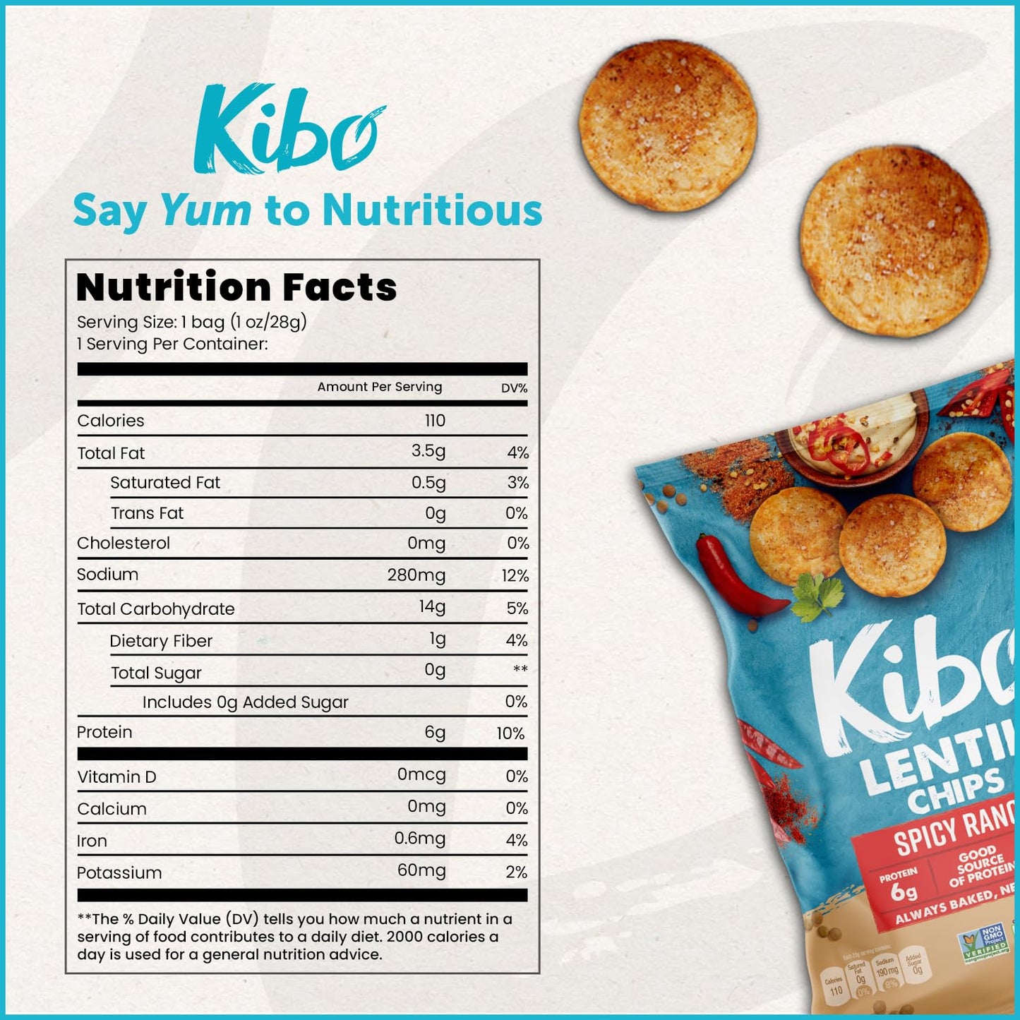 KIBO FOODS Lentil Chips Spicy Ranch, Non-GMO, Vegan, 6g Protein, 1 OZ (Pack of 12)