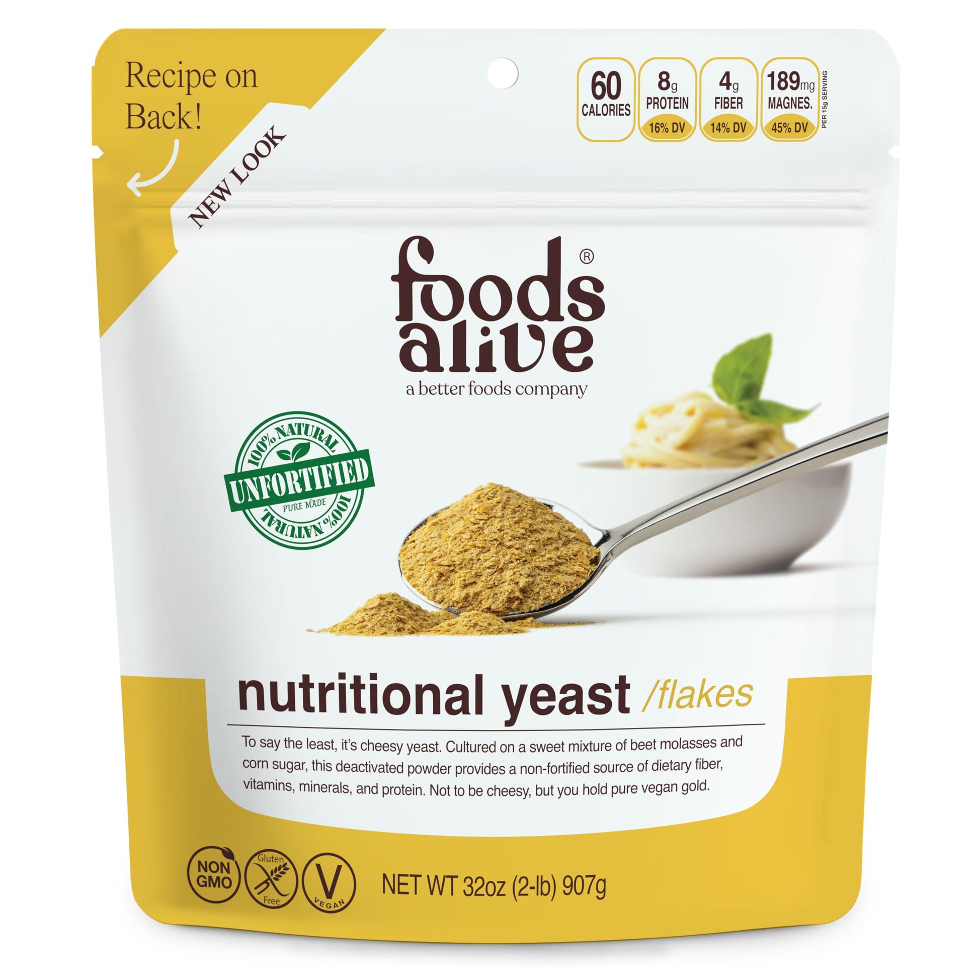 Foods Alive | Non-Fortified Top-Grade Nutritional Yeast Flakes | 2 Lbs | Unfortified Vegan Cheese Powder Seasoning