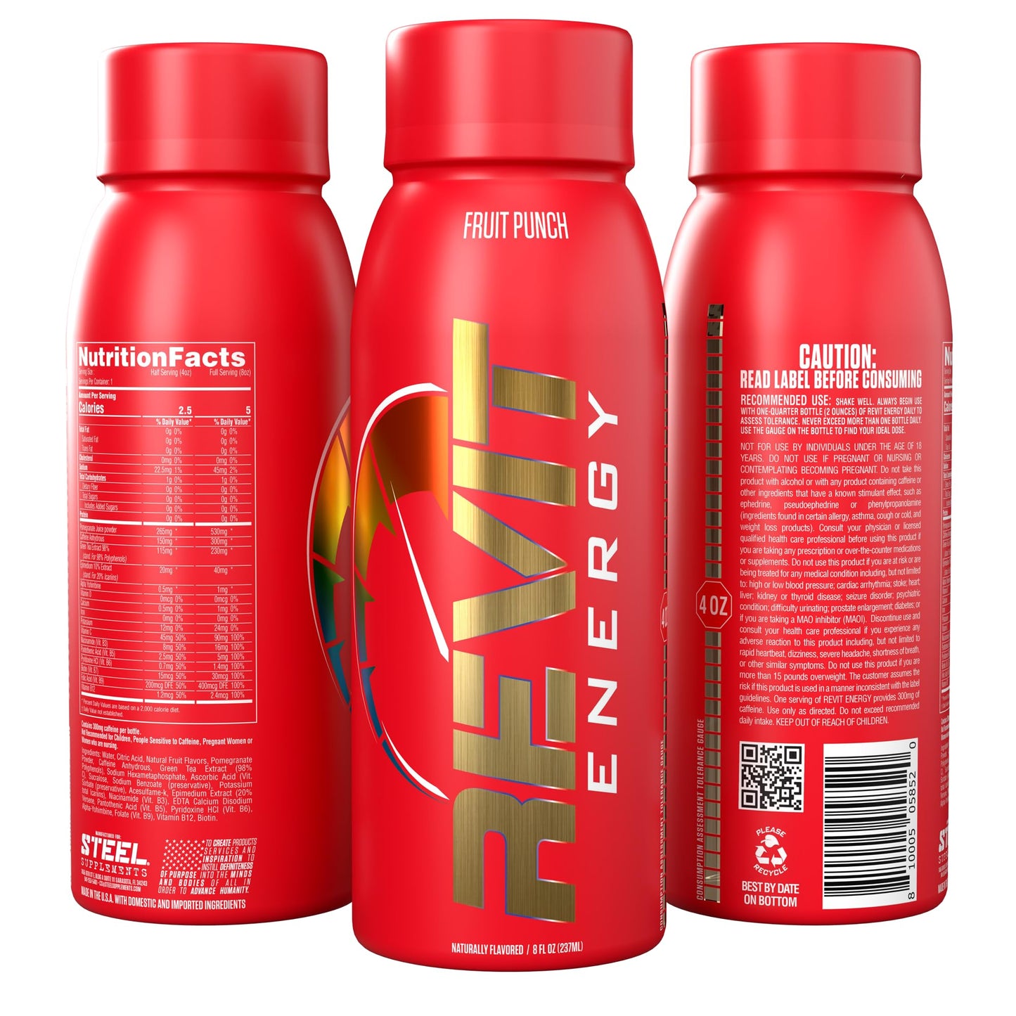 Steel dietary products Energy Drink Fruit Punch 8oz (12-Pack) | 300mg Caffeine, Sugar-Free, Resealable Cap