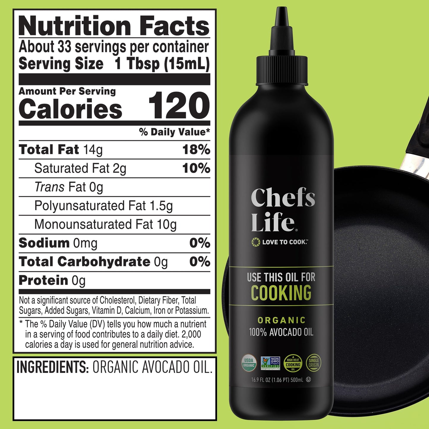 Chefs Life Organic Avocado Oil - 100% Pure, Non-GMO, 16.9 Fl Oz Squeezable Bottle