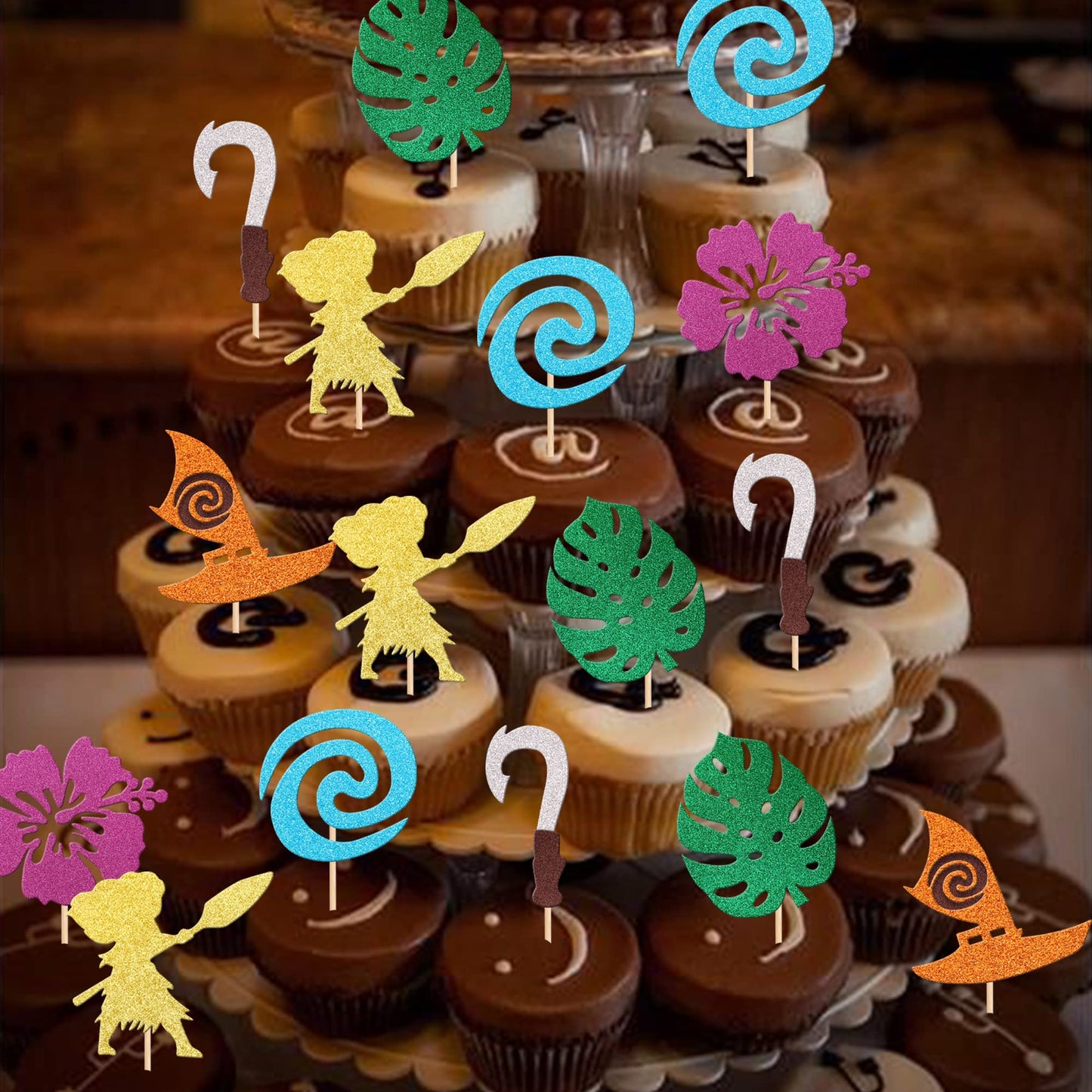 24 Pcs Moana Inspired Cupcake Toppers Assembled Glitter Palm Leaf Flower Moana Cupcake Picks For Tropical Hawaiian Luau Theme Ba