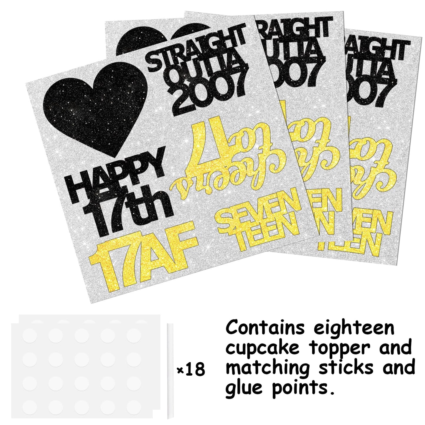 18Pcs Black Gold Glitter Dessert Cupcake Pick For Straight Outta 2007 Cheer To 17 Years Old Theme Decor Supplies Happy 17Th Birt