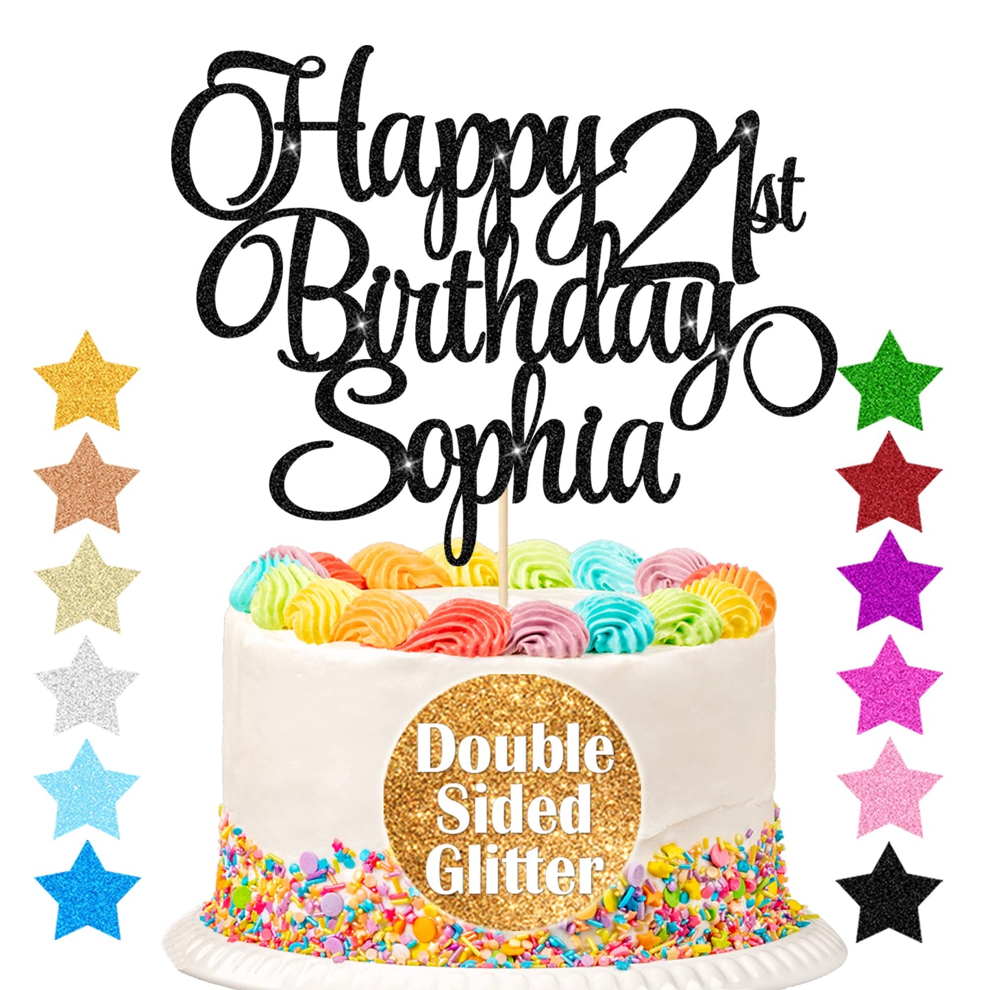 EDSG Happy Birthday Cake Topper Personalized Double-Sided Glitter, Any Age & Name, Black