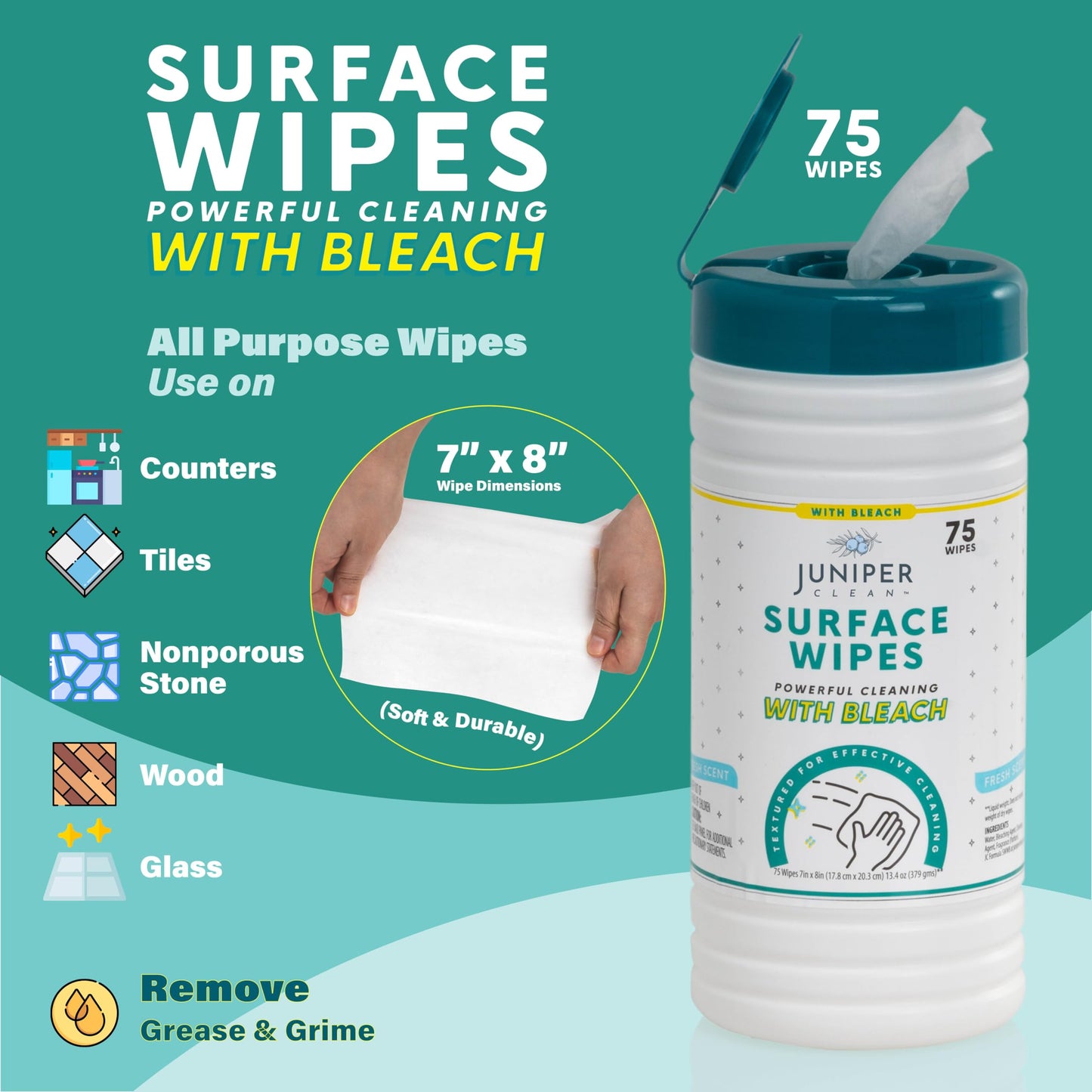 Juniper Clean 1 Pack Surface Cleaning Wipes With Bleach, All-Purpose Cleaner For Bathroom, Kitchen, Office, 75 Count Canister, F