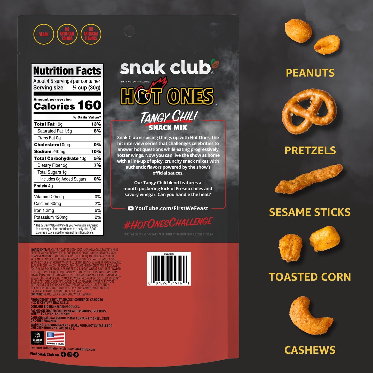 Snak Club Tangy Chili Snack Mix, Mild Spicy Snacks, 4.5 oz Resealable Bag (6 Count)