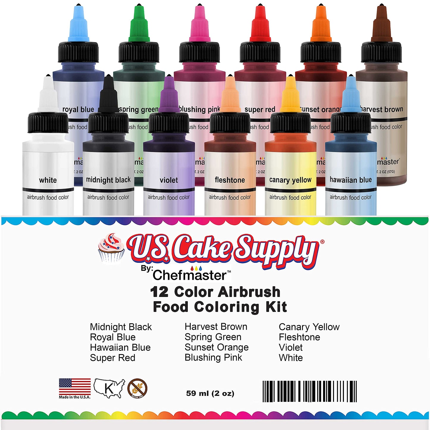 U.S. Cake Supply Airbrush Cake Color Set - The 12 Most Popular Colors in 2.0 fl. oz. Bottles with Color Mixing Wheel - Safely Ma