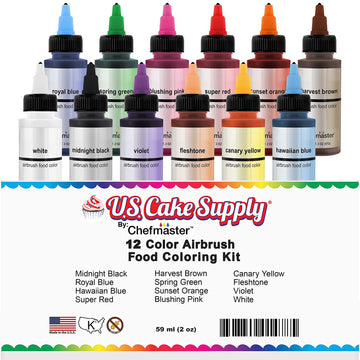 U.S. Cake Supply Airbrush Cake Color Set - The 12 Most Popular Colors in 2.0 fl. oz. Bottles with Color Mixing Wheel - Safely Ma
