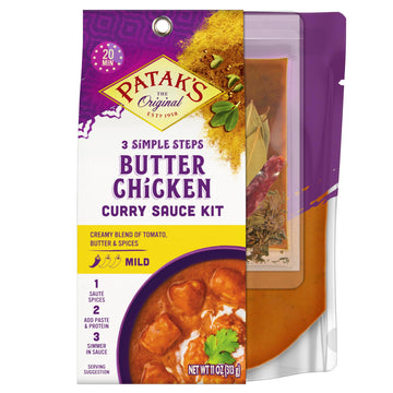 Patak'S Butter Chicken Curry Sauce 3-Step Kit, Pre-Measured Ingredients, Fragrant Whole Spices, Butter Chicken Curry Spice Paste, Base Sauce, No Artificial Flavors, Vegetarian, 11 Oz (Pack Of 6)