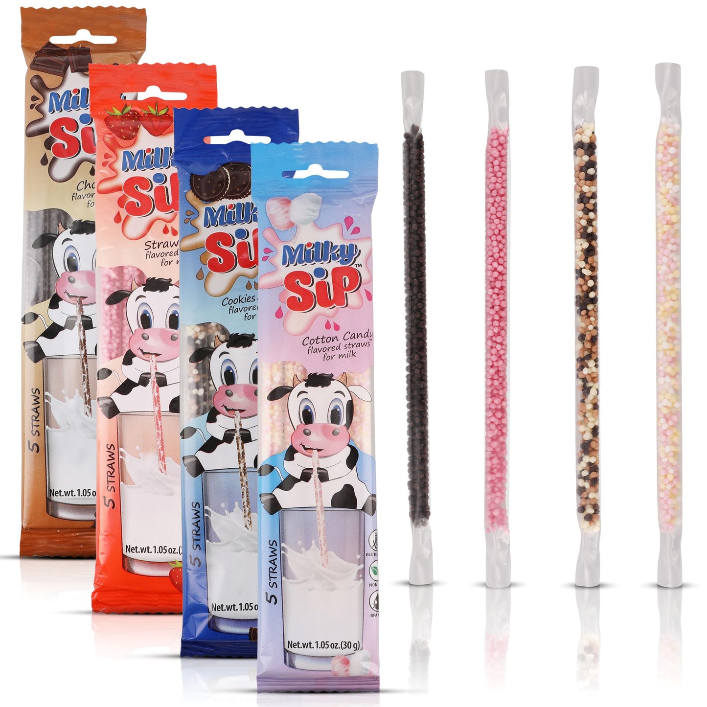 Milky Sip Magical Milk Straws - 4 Pack Bundle of Flavored Straws for Milk, Chocolate, Strawberry, Cotton Candy, Cookies & Cream,